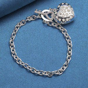 Toggle Key w/ Hollowed Heart Pendant Bracelet Stamped Solid Sterling Silver